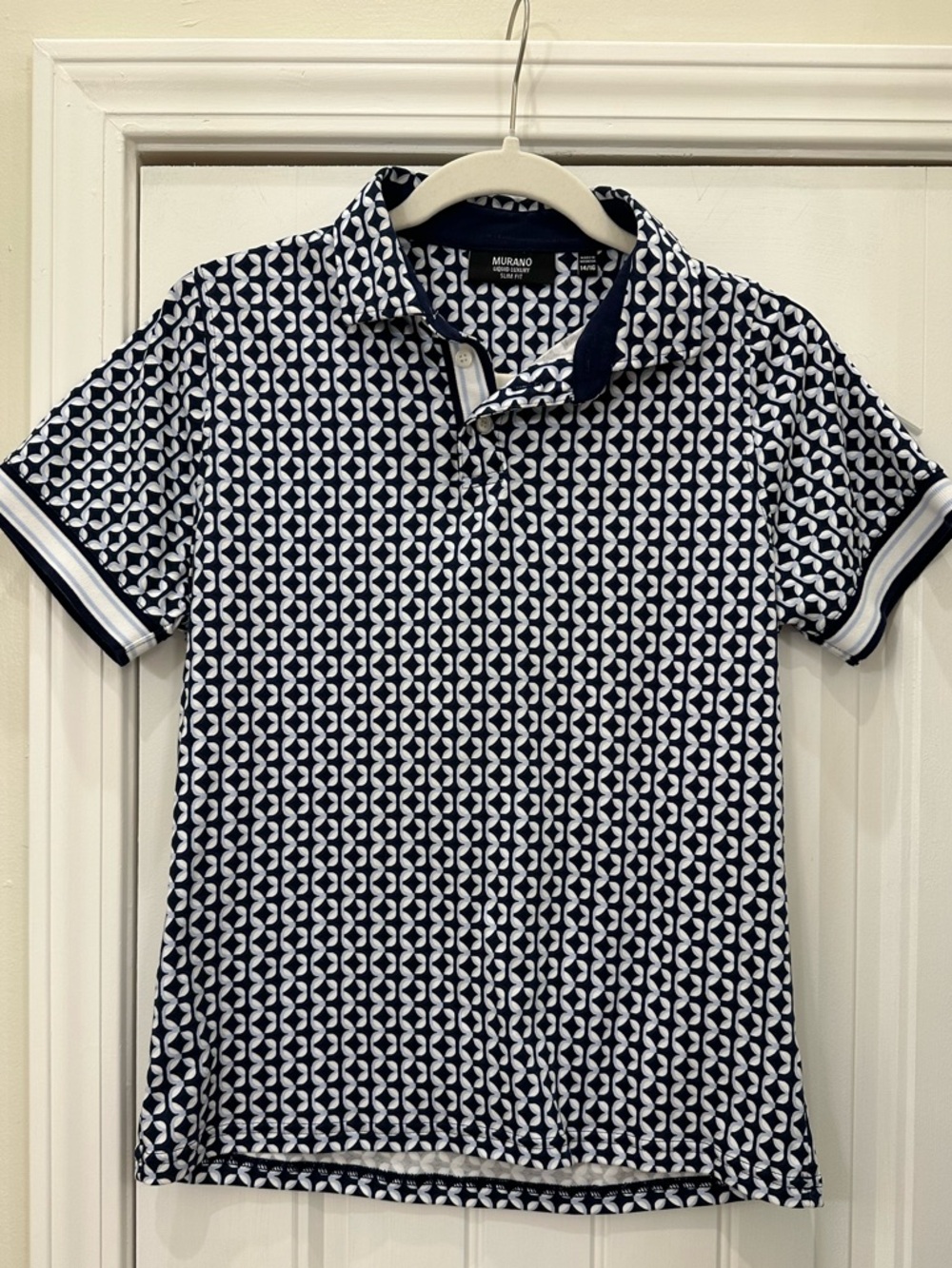 Murano Liquid Luxury Navy and White Geometric Slim Fit Collared Shirt Boys 14/16
